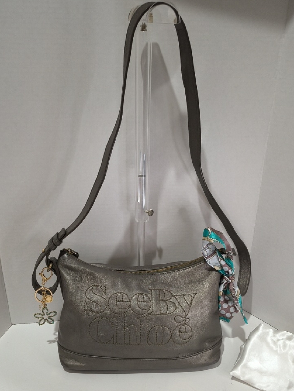See By Chloe Metallic Gray Leather Crossbody Bag with Charm